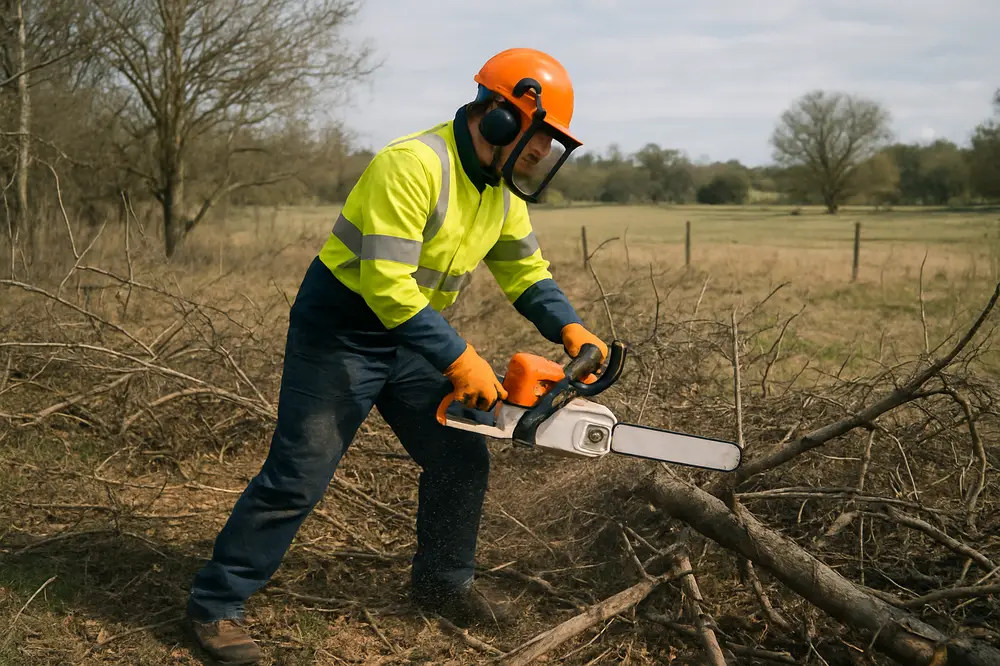Worker in high-visibility safety gear using a gas chainsaw to clear brush and fallen limbs