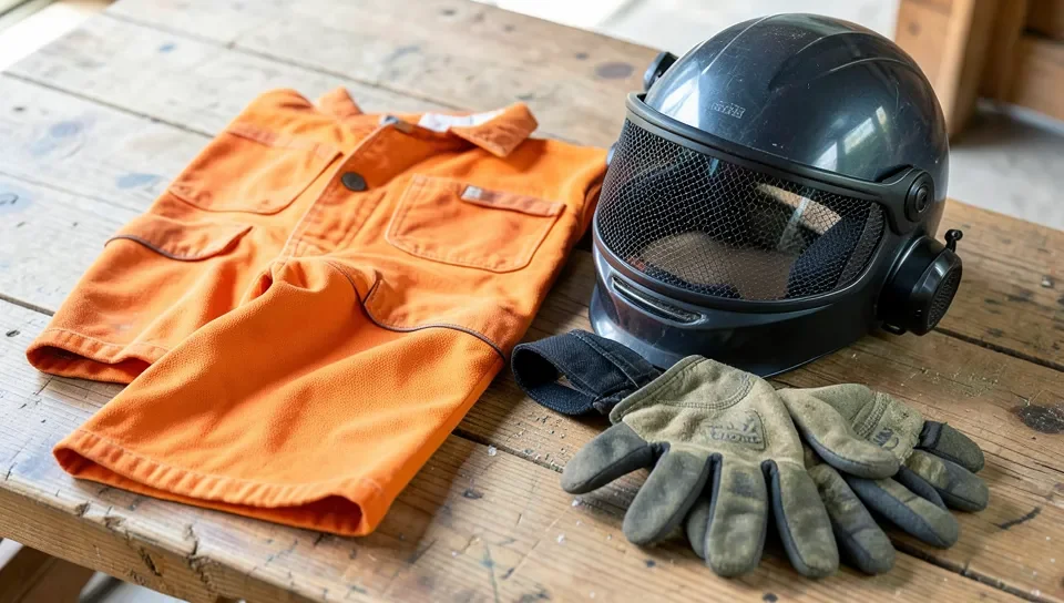 Chainsaw safety chaps, helmet with mesh visor and ear protection, and cut-resistant gloves laid out on a workbench