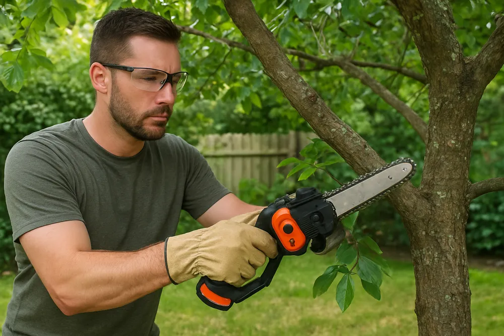Homeowner using a compact top-handle chainsaw to trim a low branch, wearing gloves and safety glasses