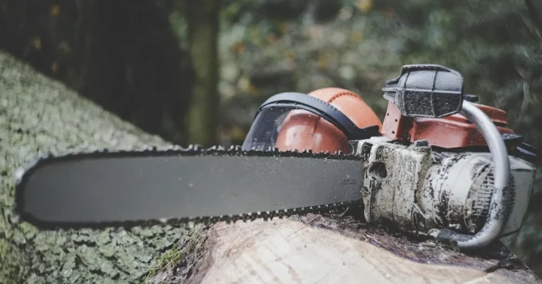 Chainsaw with a forestry helmet and visor resting on a cut log