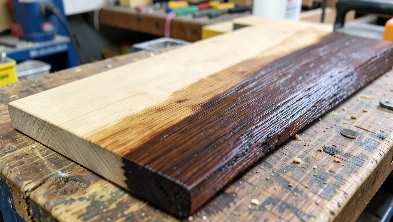 Wood board transitioning from natural light color to a dark stained finish