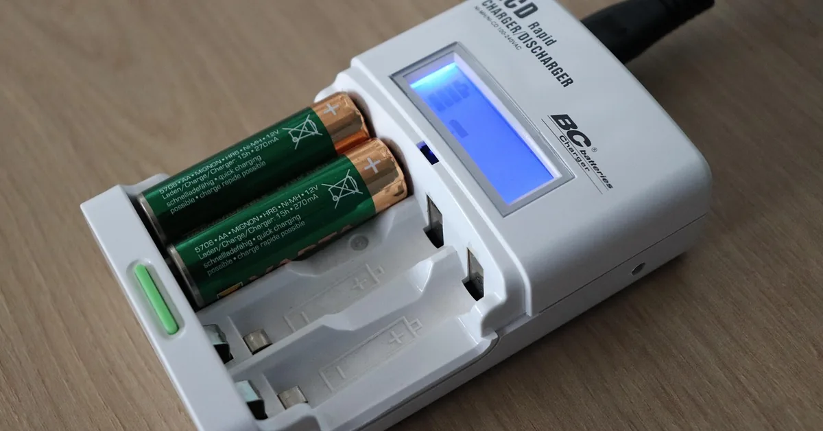 Battery charger with charging display lit and two batteries seated in it