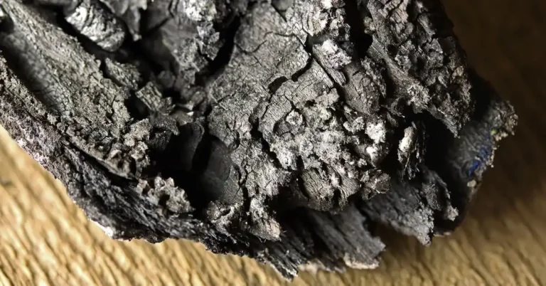 close-up of charred wood surface showing the cracked black carbon layer from shou sugi ban burning