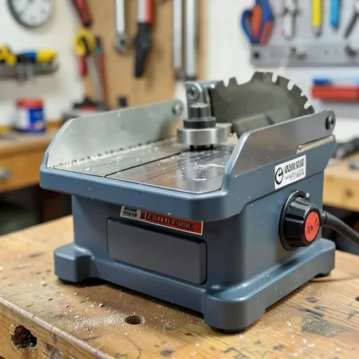 close-up of a mini table saw blade guard and power switch