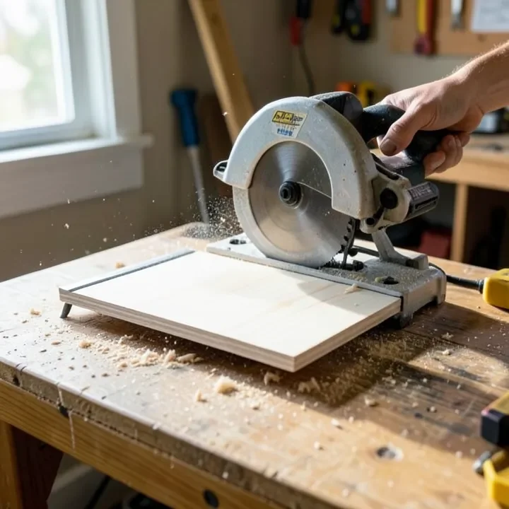 benchtop mini table saw cutting thin plywood on a workbench
