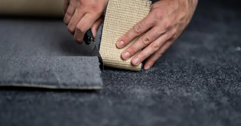 Cutting cheap temporary flooring carpet for a budget-friendly DIY install