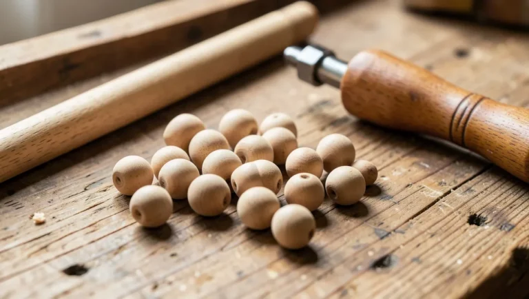 Unfinished wooden beads and a wood dowel on a workbench for making a cheap bead necklace