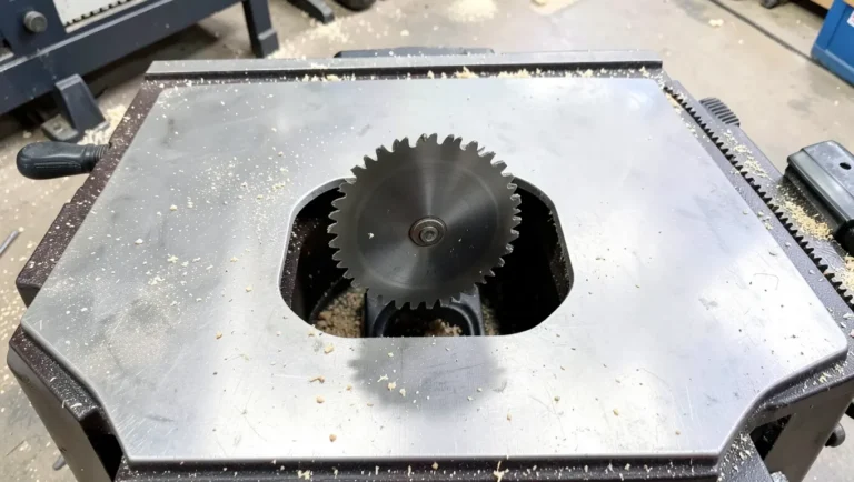 Table saw blade rising through the throat plate opening on a cast iron table saw top