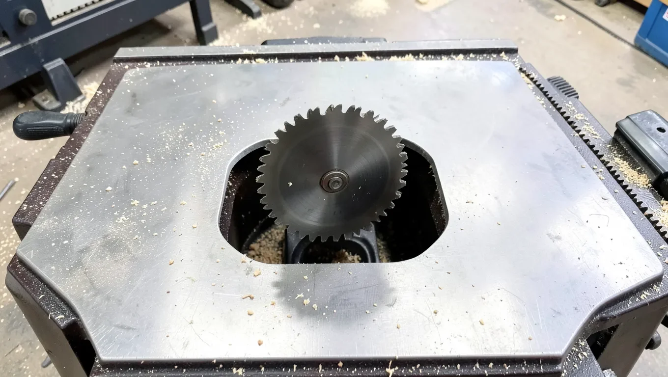 Table saw blade rising through the throat plate opening on a cast iron table saw top