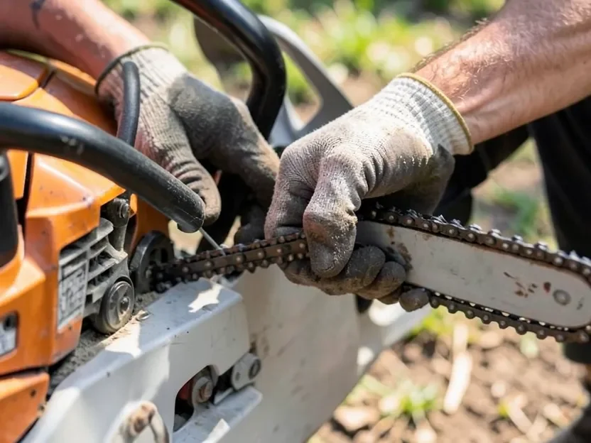 Checking chainsaw chain tension by hand, a chain that is too tight or too loose causes friction and smoke