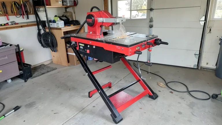 Affordable jobsite table saw with folding stand in a garage