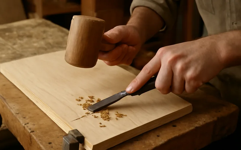 woodworker using a chisel and wooden mallet to split plywood along a scored line woodworker using a chisel and wooden mallet to split plywood along a scored line