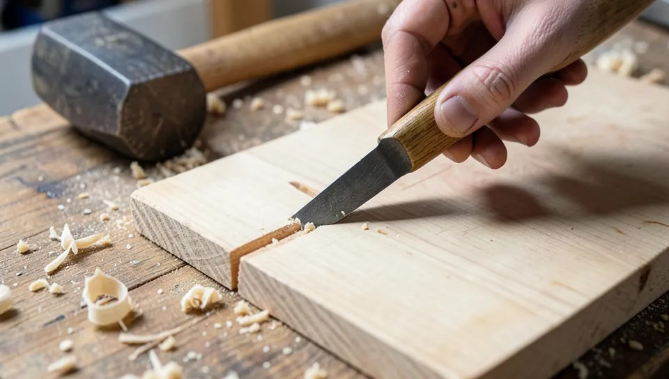 A wood chisel being used by hand to carve a straight groove into a wood board