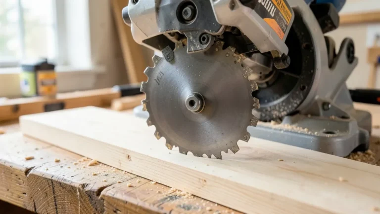 Close-up of a circular chop saw blade with carbide teeth mounted on a miter saw in a workshop