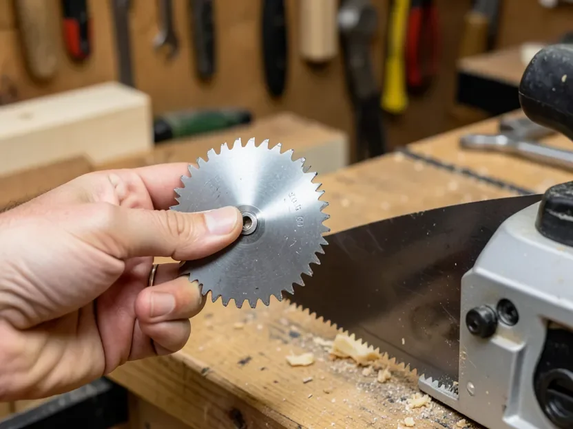 Woodworker comparing tooth count on a new carbide-tipped chop saw blade