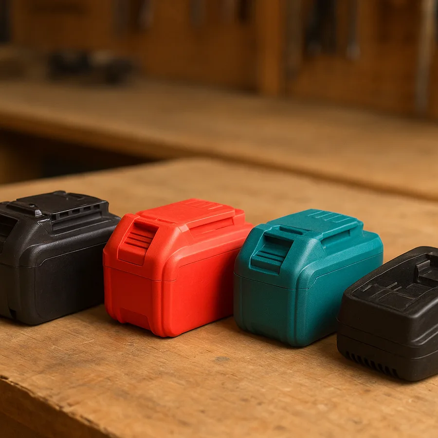 Different cordless tool battery platforms side by side on a workbench Different cordless tool battery platforms side by side on a workbench