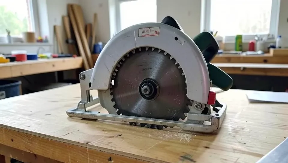 Circular saw blade teeth visible from the underside of the saw before a cut