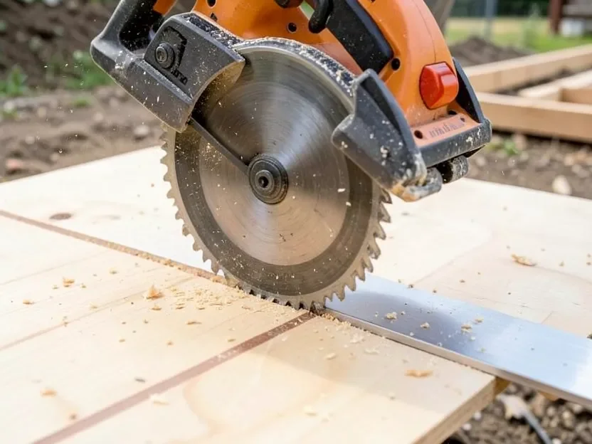 Circular saw cutting along a straightedge guide on a sheet of plywood outdoors