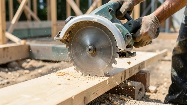 Sidewinder circular saw cutting through a wood plank