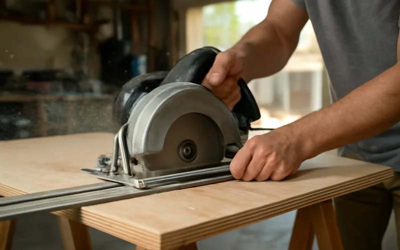 handheld circular saw guided along a straightedge rail cutting a sheet of plywood on sawhorses handheld circular saw guided along a straightedge rail cutting a sheet of plywood on sawhorses