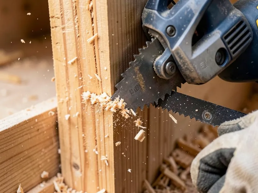 Close-up of a reciprocating saw blade mid-cut through a wood stud during a home demolition