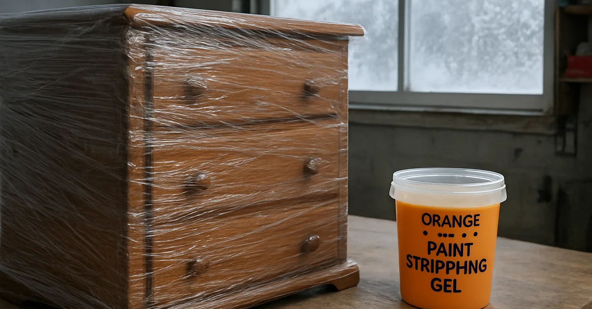 Wood dresser wrapped in plastic film to keep citrus stripping gel wet, frosted window showing winter cold outside
