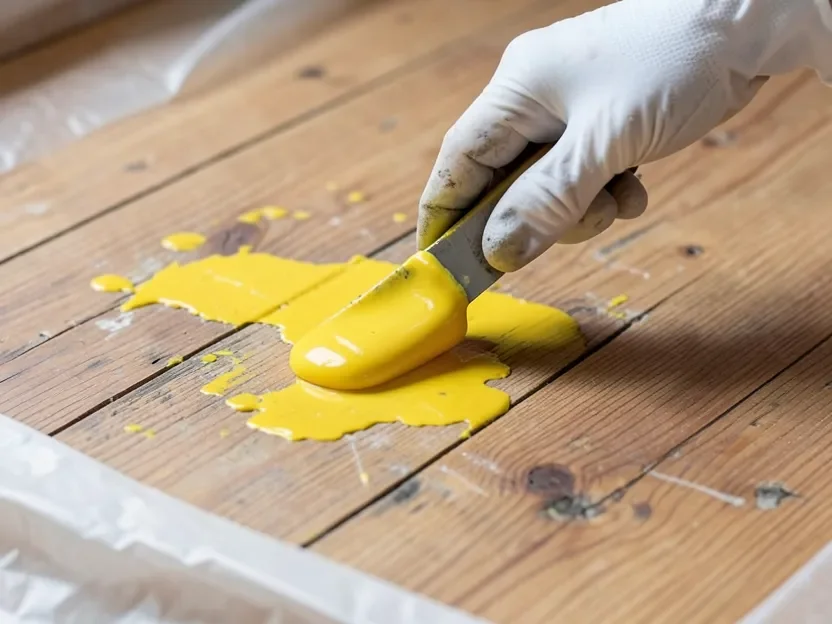 Applying citrus-based gel paint stripper to a wood floor with a putty knife