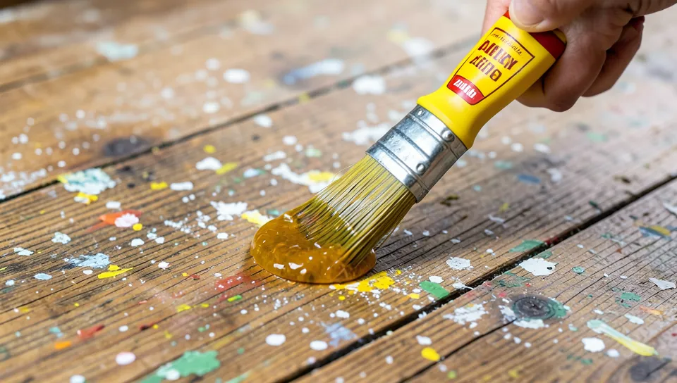 Applying a citrus-based paint stripper gel to a paint-splattered floor plank Applying a citrus-based paint stripper gel to a paint-splattered floor plank