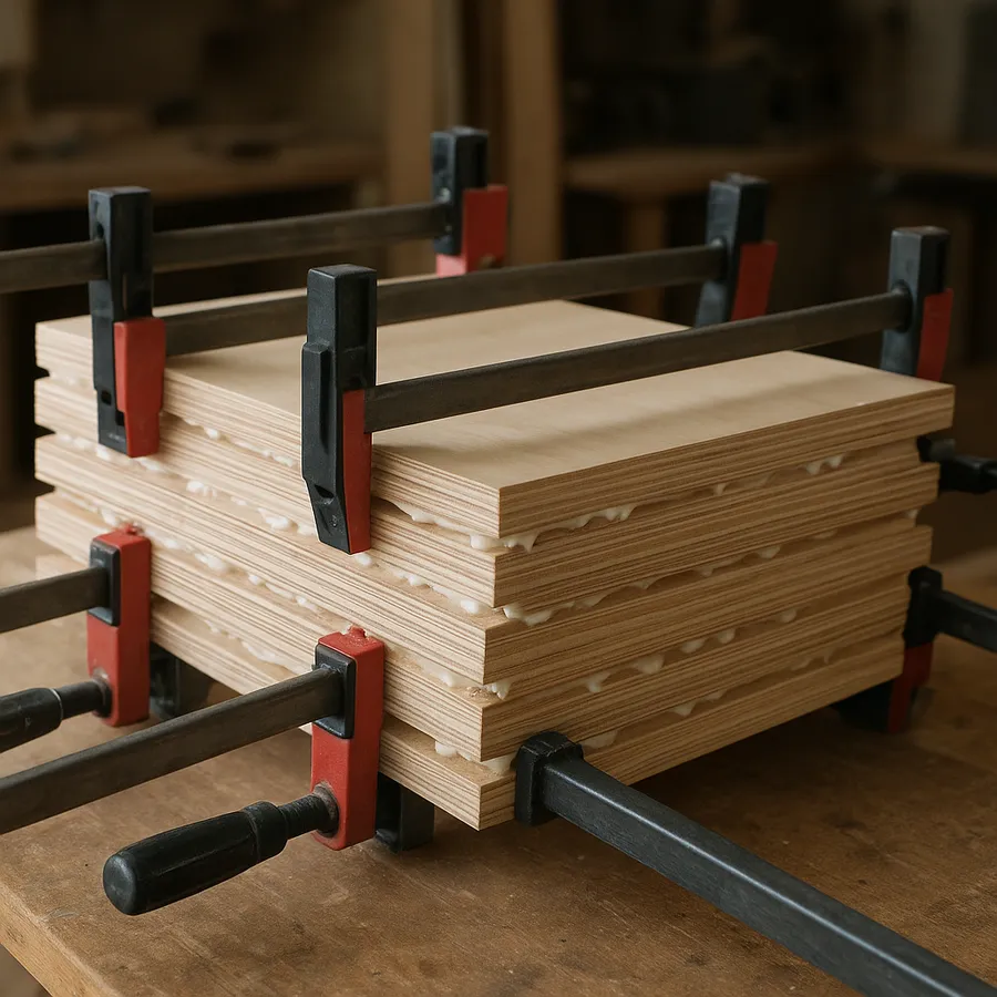 Stack of plywood panels clamped together with glue squeeze-out visible at the seams Stack of plywood panels clamped together with glue squeeze-out visible at the seams