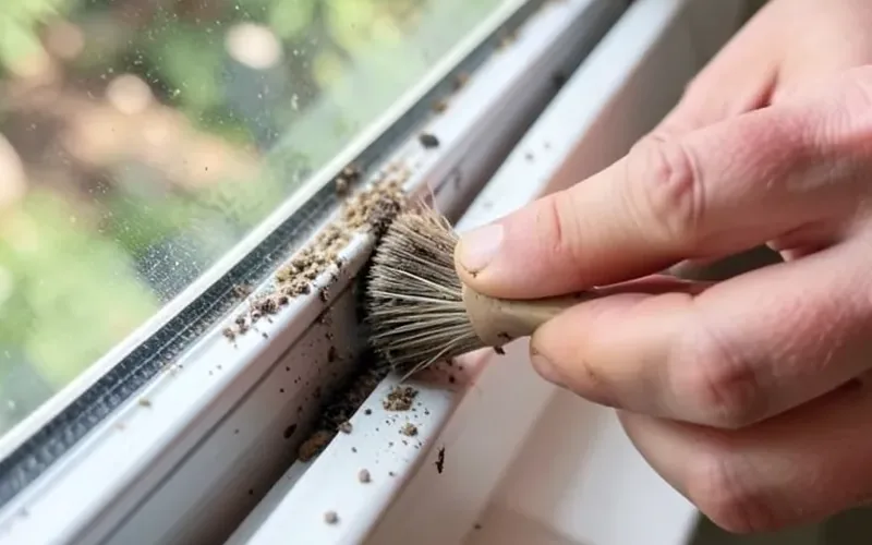 Cleaning dirt and debris out of a sliding glass door track with a small brush