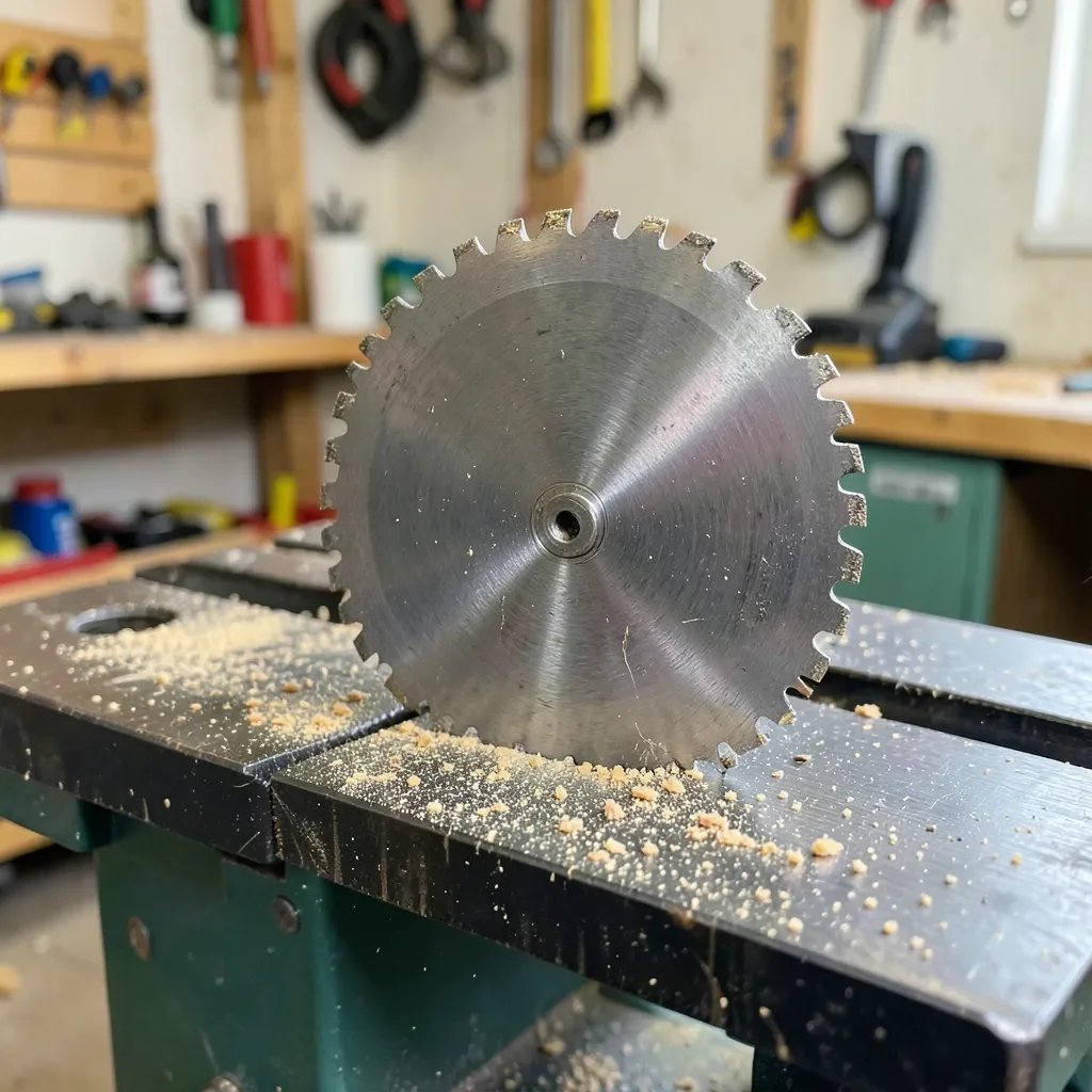 Carbide-tipped table saw blade mounted on a table saw