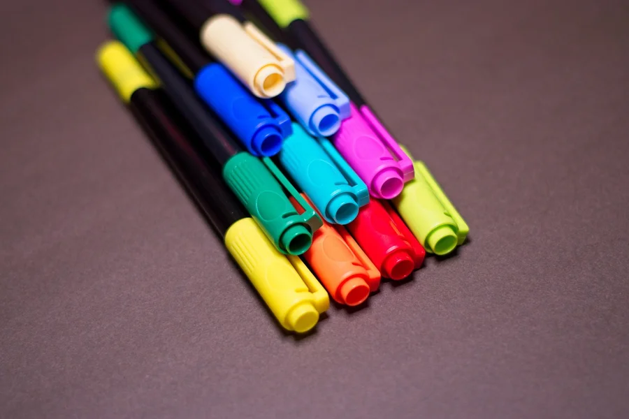 Close-up of colorful paint marker pen caps