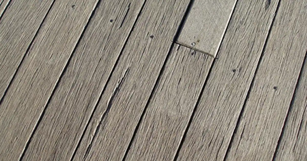 Close-up of 16-foot composite deck boards laid edge to edge