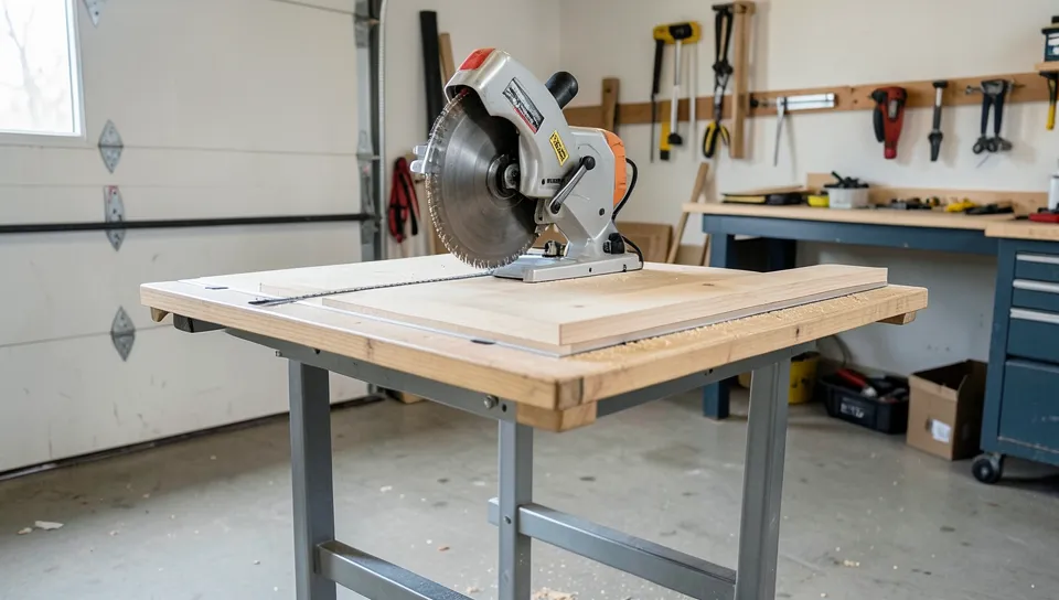 A compound miter saw set up on a stand in a garage workshop