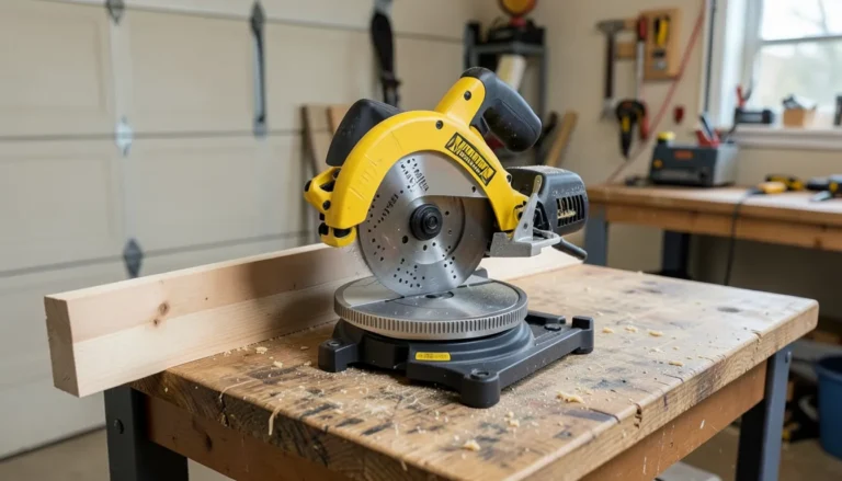 Compound miter saw on a workbench with a board positioned for cutting