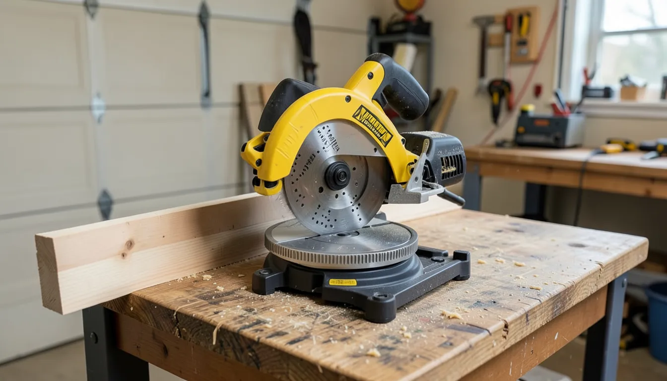 Compound miter saw on a workbench with a board positioned for cutting