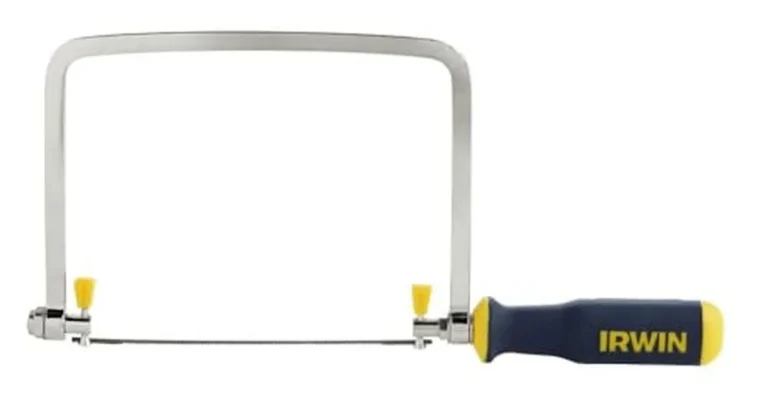Coping saw with blue ergonomic handle and thin steel blade ready for blade replacement