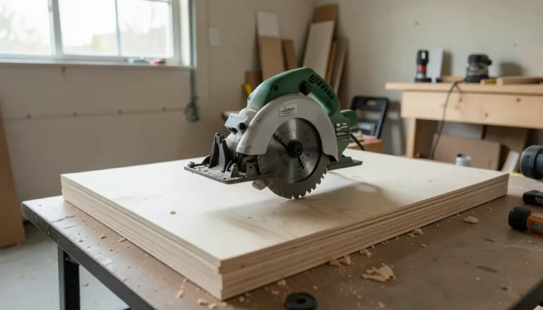 Corded circular saw resting on a stack of plywood sheets in a garage workshop