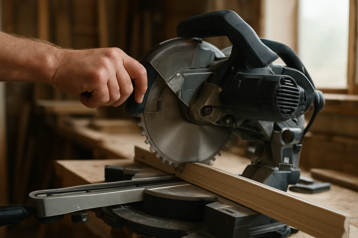 Using the slide rail on a cordless sliding compound miter saw to cut wide trim