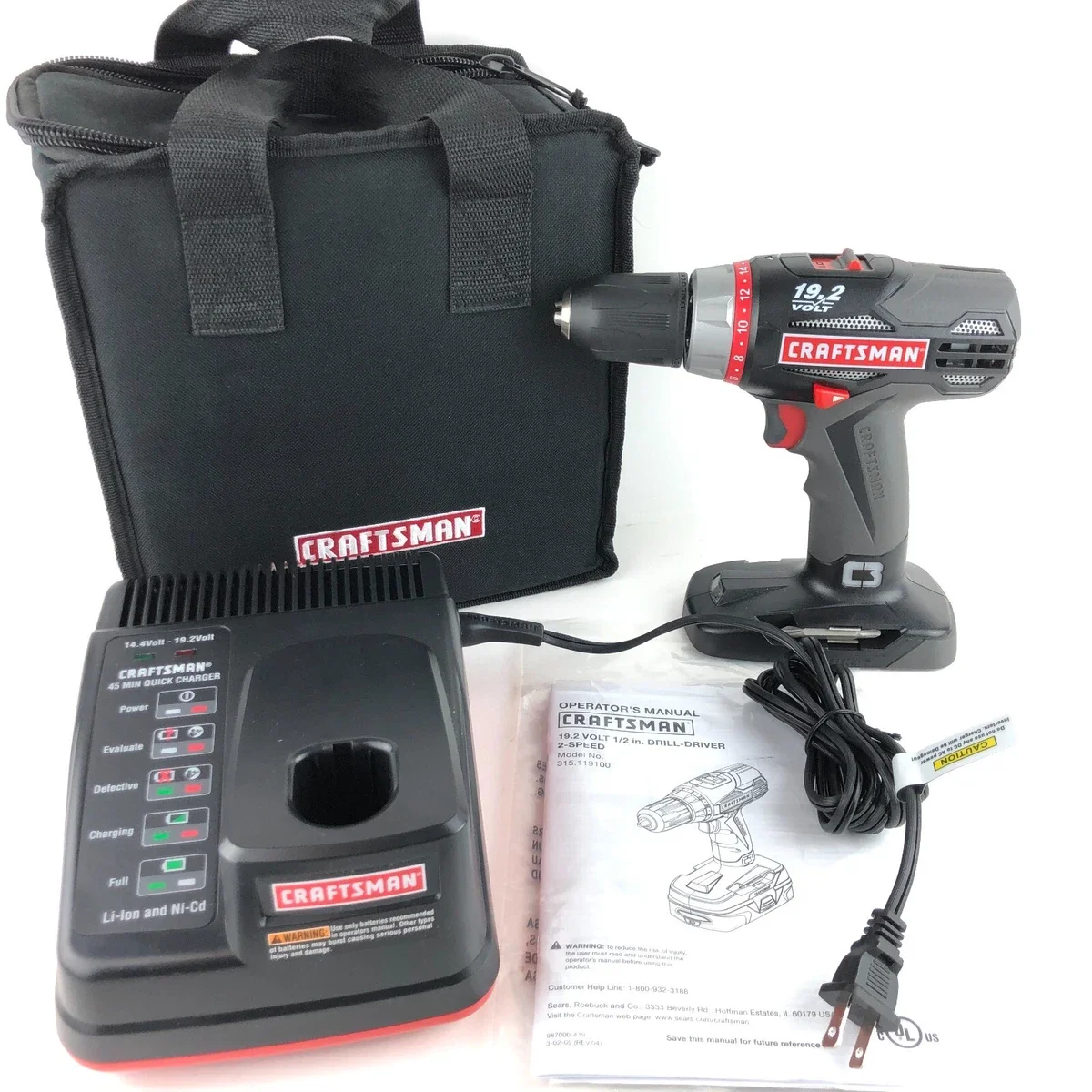 Craftsman 19.2V C3 cordless drill kit with matching charger and carrying case