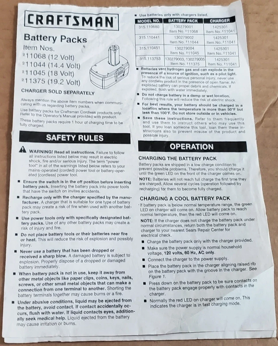 Original Craftsman C3 battery pack owner's manual page showing safety rules and charging instructions