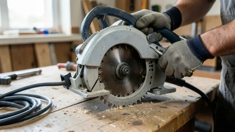 Gloved hands changing the blade on an unplugged Craftsman circular saw