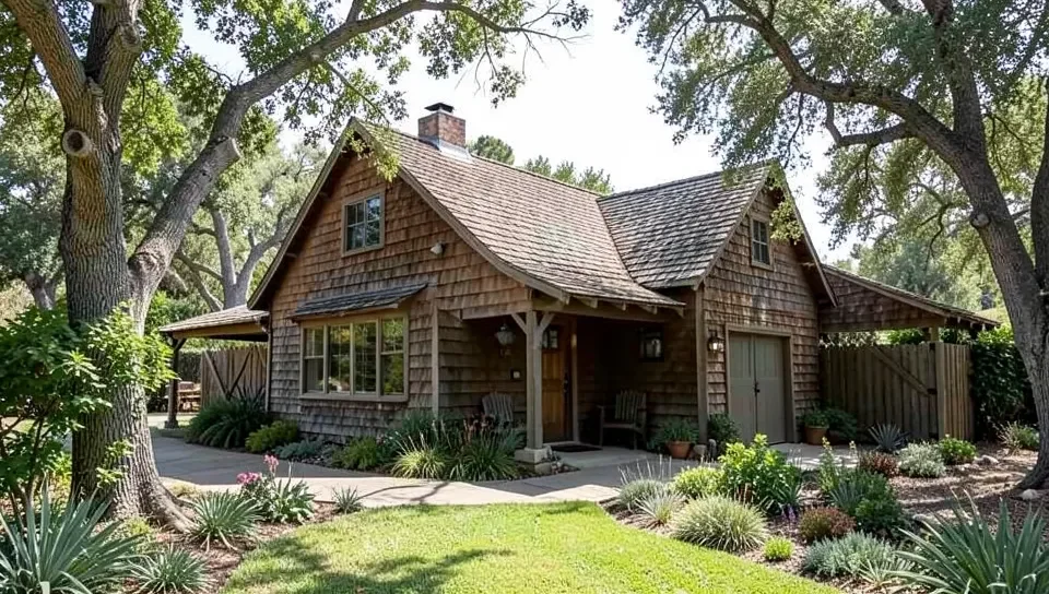 Craftsman-style house and workshop building with garden