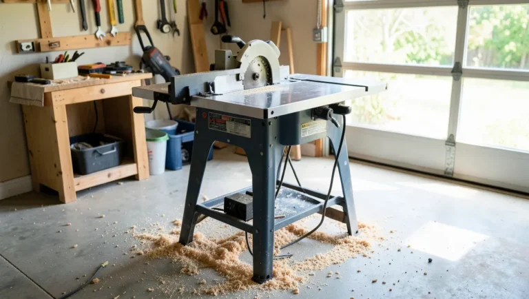 Portable jobsite table saw with folding stand set up in a home garage workshop