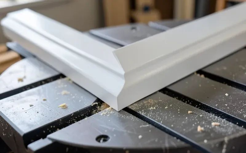 Crown molding trim positioned at an angle on a miter saw table Crown molding trim positioned at an angle on a miter saw table