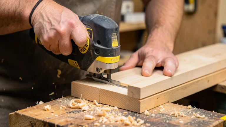 A woodworker cutting a groove into a wood board with a power tool and edge guide