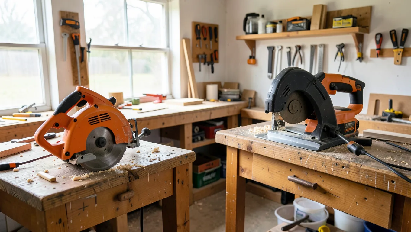 A metal cut-off saw and a band saw side by side on workbenches in a home woodworking shop