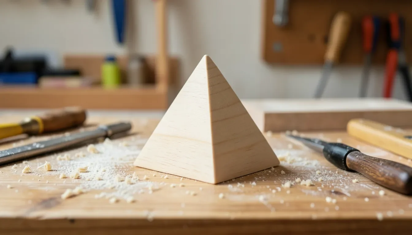 A handmade wooden pyramid with smooth angled sides