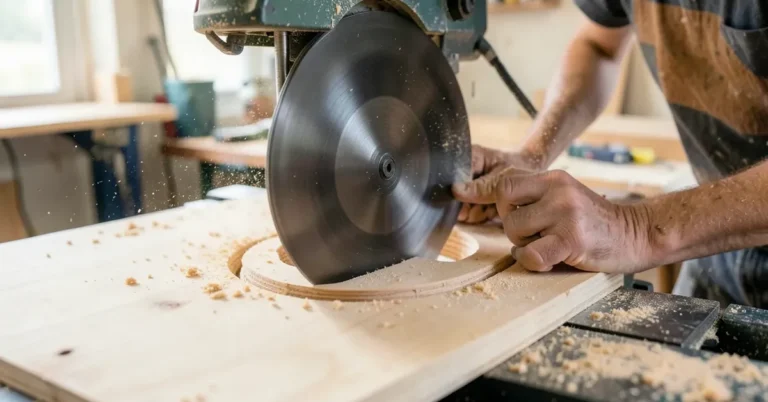 Table saw blade cutting a circular disc out of a plywood board in a workshop
