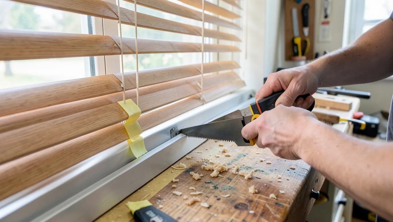 Cutting through the metal headrail of faux wood blinds with a hacksaw, painters tape marking the cut line